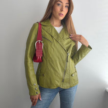 Load image into Gallery viewer, Green leather biker jacket size 14

