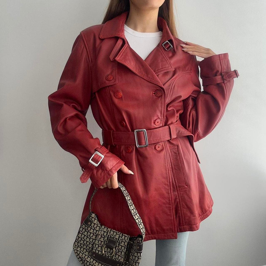 Red leather trench with belt size large