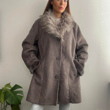 Load image into Gallery viewer, Grey suede coat with faux fur collar size 16/18
