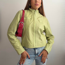 Load image into Gallery viewer, Bright green zip up leather jacket size S/M
