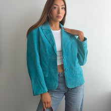 Load image into Gallery viewer, Bright blue suede leather blazer jacket size 14
