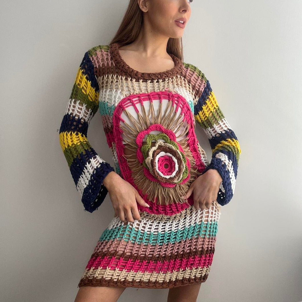 Funky multicolour crochet knit dress size small