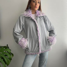 Load image into Gallery viewer, Grey jacket with lilac faux fur size 4
