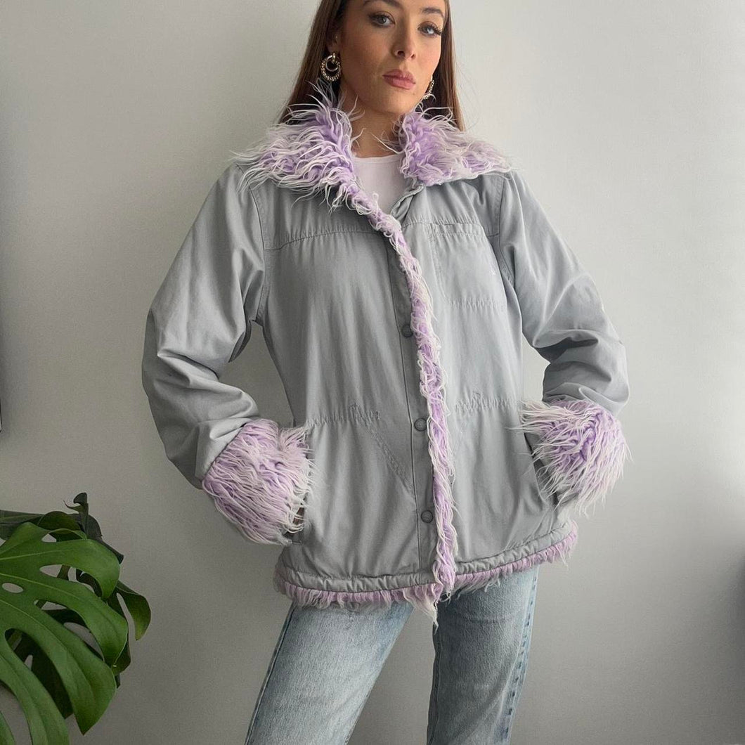 Grey jacket with lilac faux fur size 4