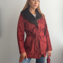 Load image into Gallery viewer, Burgundy red velvet belted coat with faux fur collar size 16

