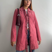 Load image into Gallery viewer, Funky western pink suede leather jacket with fringe detail size small
