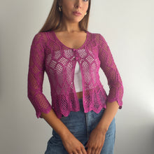 Load image into Gallery viewer, Boho purple crochet cardigan top size small

