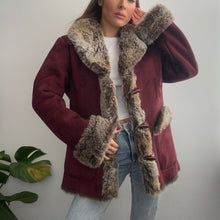 Load image into Gallery viewer, Burgundy red faux suede coat with brown faux fur size small
