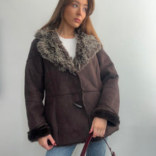 Load image into Gallery viewer, Chocolate brown faux fur and faux suede duffle coat size 18
