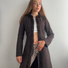 Load image into Gallery viewer, Chocolate brown long faux suede coat with faux fur trim size small

