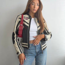 Load image into Gallery viewer, Black and cream leather biker racing jacket size small
