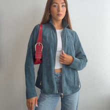 Load image into Gallery viewer, Blue suede leather high neck zip up jacket size XL
