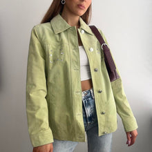 Load image into Gallery viewer, Green suede leather jacket with gem stone detail size 12
