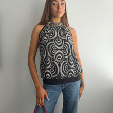 Load image into Gallery viewer, Black and white swirl halter top with beaded neckline size 14
