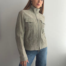 Load image into Gallery viewer, Khaki green funnel neck suede jacket size 12

