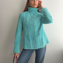 Load image into Gallery viewer, Bright blue suede funnel neck leather jacket size 14
