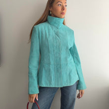 Load image into Gallery viewer, Bright blue suede funnel neck leather jacket size 14
