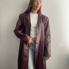 Load image into Gallery viewer, Burgundy red / purple vintage long line leather coat size XL
