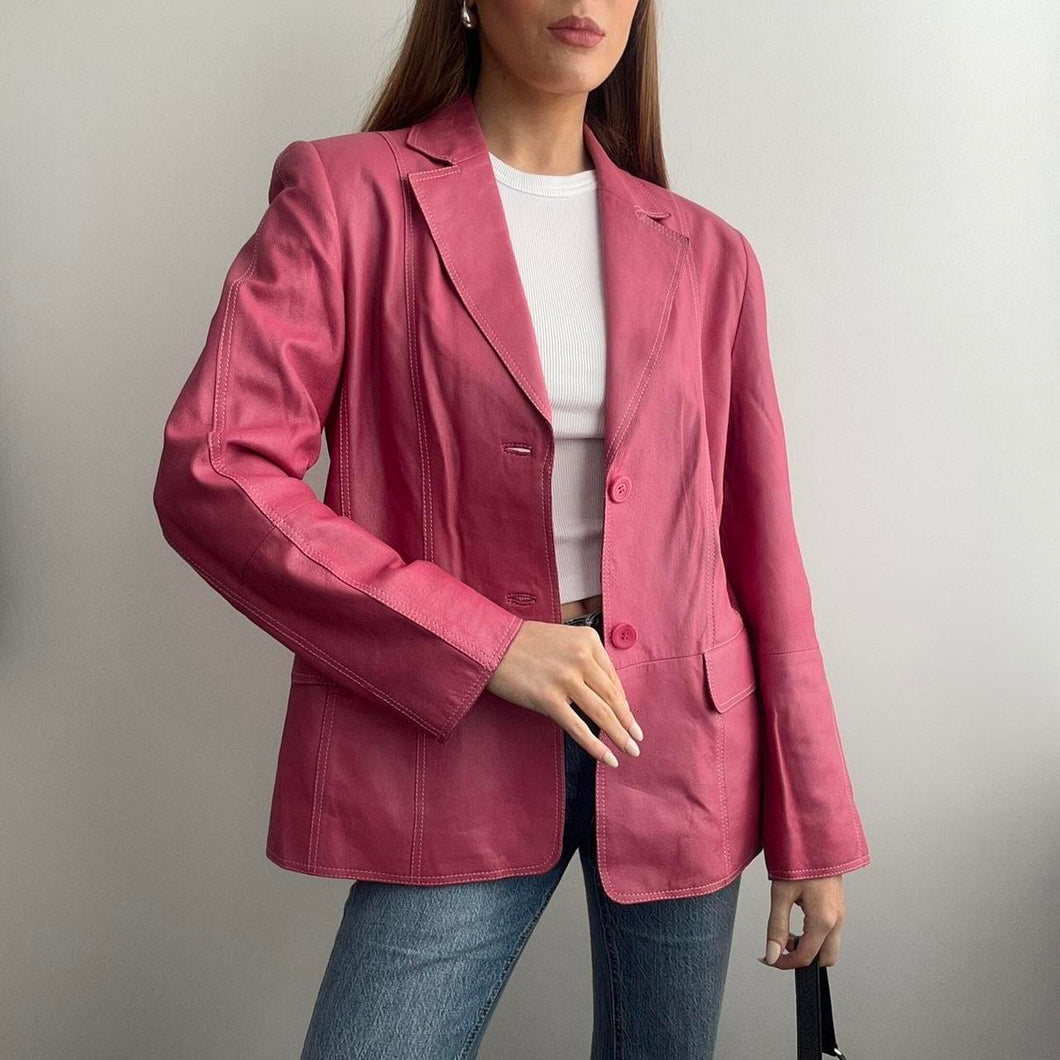 Hot pink leather blazer jacket size 14