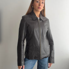 Load image into Gallery viewer, Dark brown leather zip up jacket size 16
