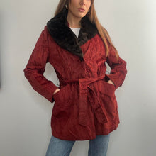 Load image into Gallery viewer, Burgundy red velvet belted coat with faux fur collar size 16
