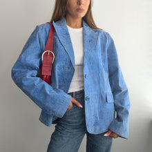 Load image into Gallery viewer, Unique blue embroidered suede blazer jacket size large
