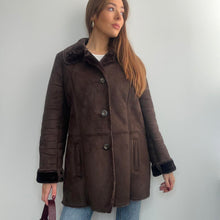 Load image into Gallery viewer, Chocolate brown faux suede and faux fur coat size 14
