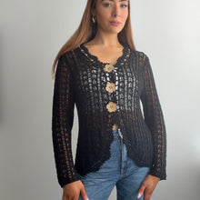 Load image into Gallery viewer, Black crochet cardigan with wooden floral buttons size M/L
