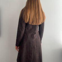 Load image into Gallery viewer, Chocolate brown long faux suede coat with faux fur trim size small
