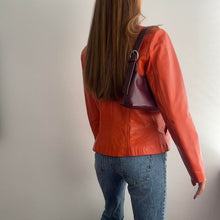 Load image into Gallery viewer, Orange leather zip up jacket size small
