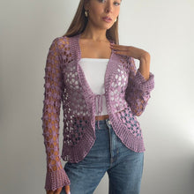 Load image into Gallery viewer, Purple glittery crochet cardigan top size small
