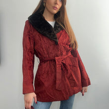 Load image into Gallery viewer, Burgundy red velvet belted coat with faux fur collar size 16
