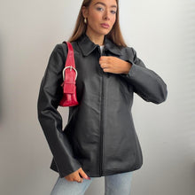 Load image into Gallery viewer, Black leather jacket with collar size large
