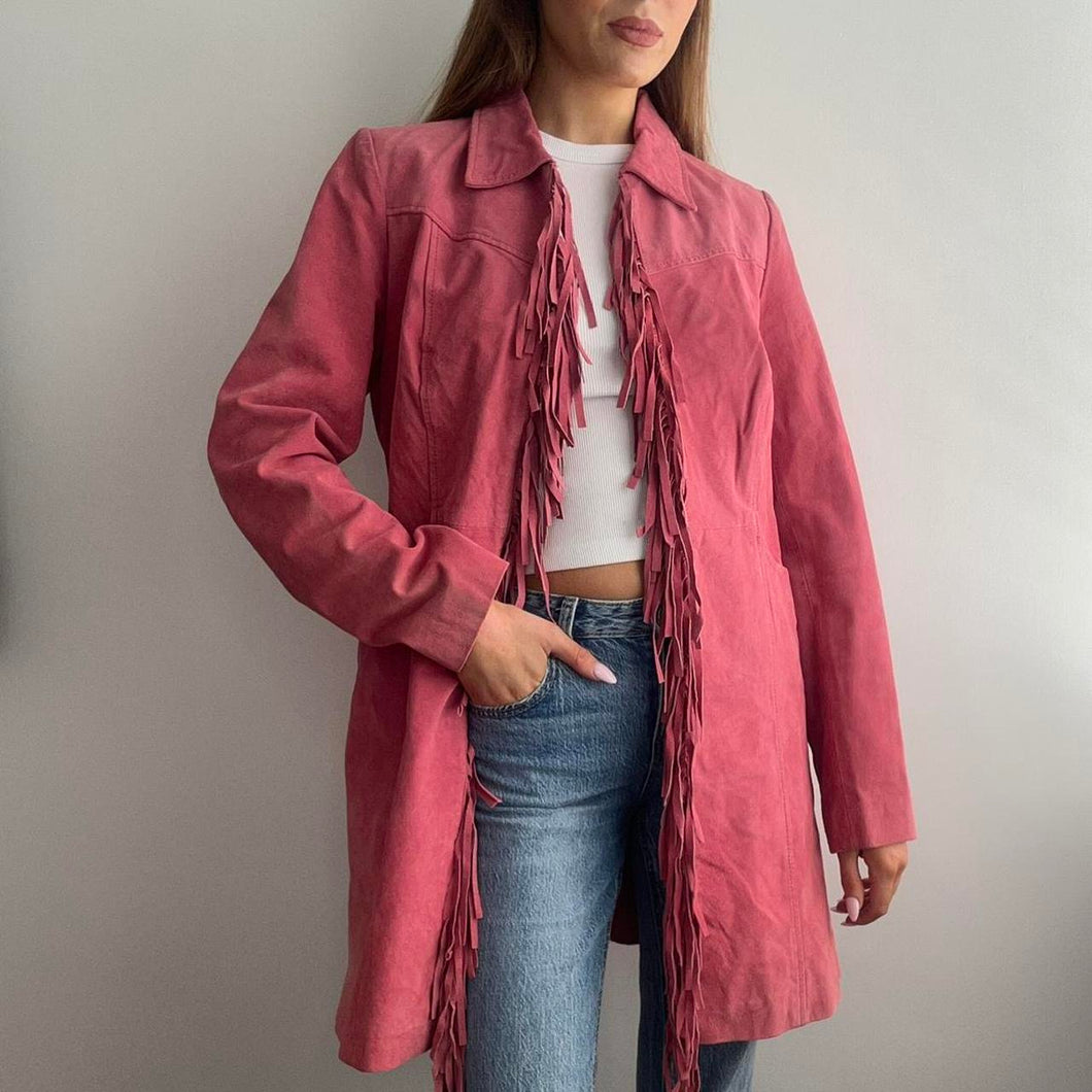 Funky western pink suede leather jacket with fringe detail size small