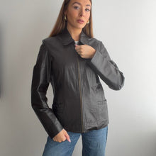 Load image into Gallery viewer, Dark brown leather zip up jacket size 16
