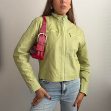 Load image into Gallery viewer, Bright green zip up leather jacket size S/M
