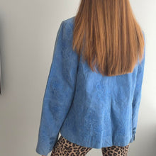 Load image into Gallery viewer, Unique blue embroidered suede blazer jacket size large

