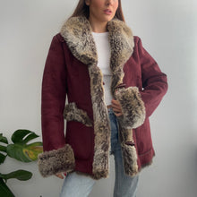 Load image into Gallery viewer, Burgundy red faux suede coat with brown faux fur size small
