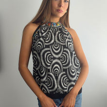 Load image into Gallery viewer, Black and white swirl halter top with beaded neckline size 14
