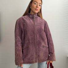 Load image into Gallery viewer, Purple suede leather funnel neck jacket size XL

