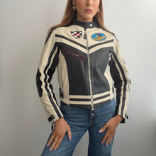 Load image into Gallery viewer, Black and cream leather biker racing jacket size small
