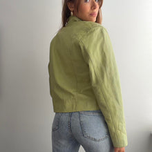 Load image into Gallery viewer, Bright green zip up leather jacket size S/M
