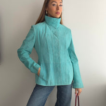 Load image into Gallery viewer, Bright blue suede funnel neck leather jacket size 14
