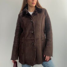 Load image into Gallery viewer, Chocolate brown faux suede and faux fur coat size 14

