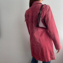 Load image into Gallery viewer, Funky western pink suede leather jacket with fringe detail size small
