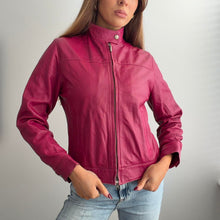Load image into Gallery viewer, Pink leather jacket with high collar size small
