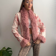 Load image into Gallery viewer, Pink and white tie dye effect faux fur trim jacket size 10
