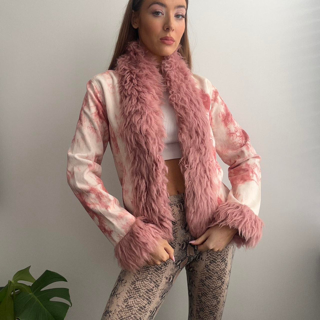 Pink and white tie dye effect faux fur trim jacket size 10