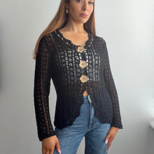 Load image into Gallery viewer, Black crochet cardigan with wooden floral buttons size M/L
