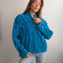 Load image into Gallery viewer, Bright blue suede leather jacket size 14
